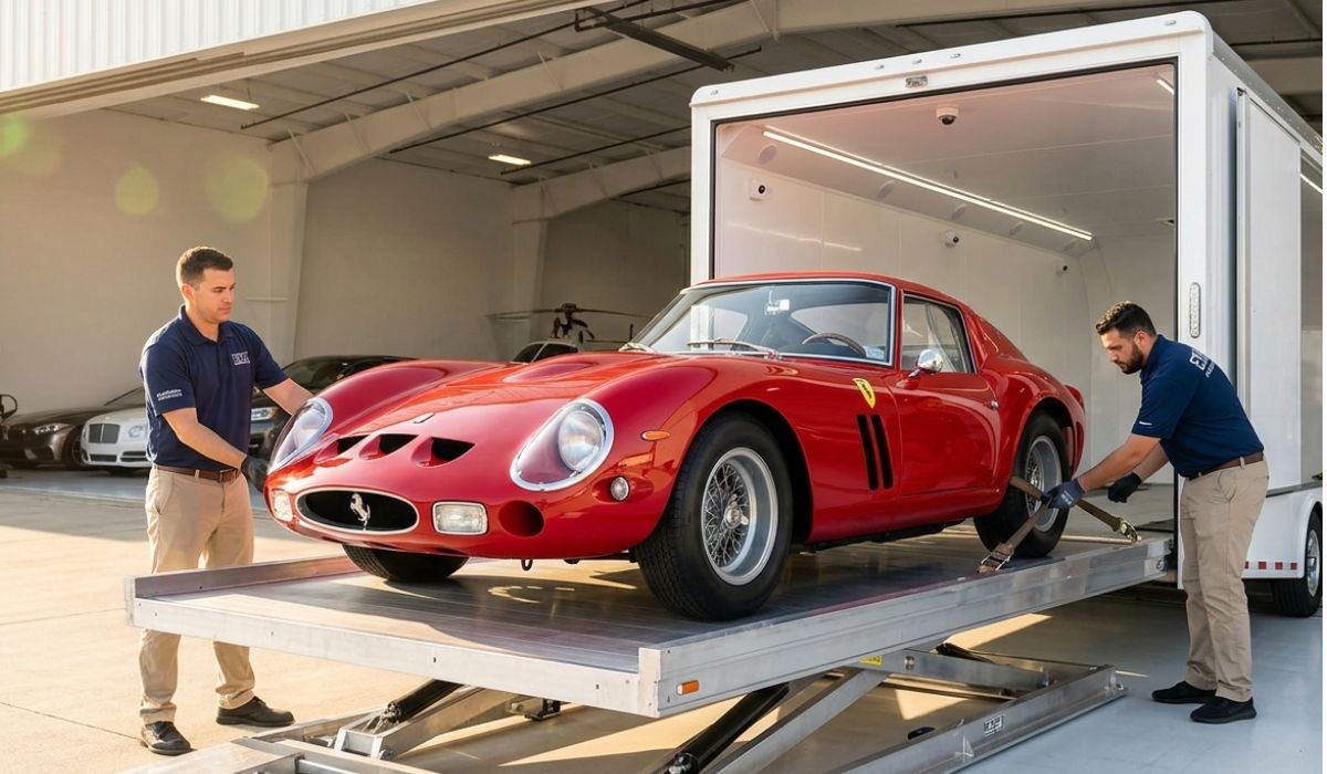Enclosed auto transport trailer safely shipping luxury car from Wisconsin to Florida vehicle delivery service route.