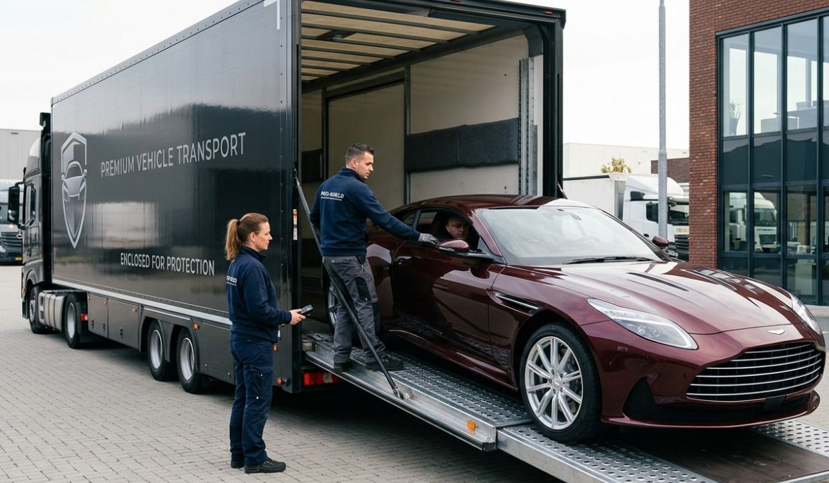 Enclosed auto transport trailer securing luxury car for safe Jacksonville vehicle shipping services