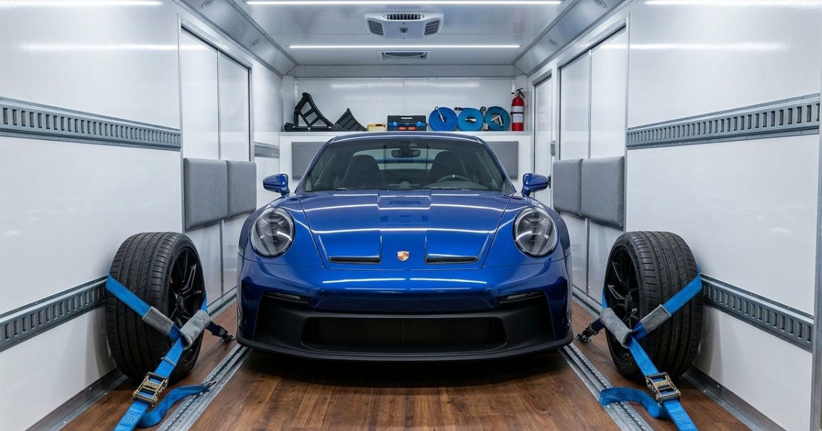 Enclosed car carrier transporting luxury vehicles through Nashville TN highway