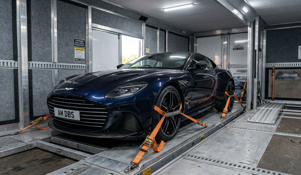 Enclosed car carrier truck transporting luxury vehicles in Fort Lauderdale Florida