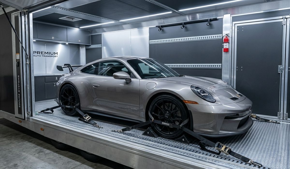 Enclosed car shipping Boca Raton luxury vehicle secured inside covered trailer for high protection auto transport across United States
