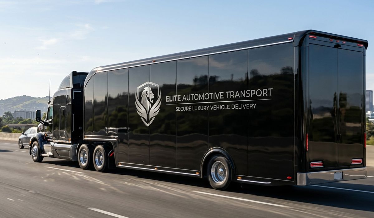 Enclosed car shipping carrier transporting luxury vehicles from Atlanta dealership to another state