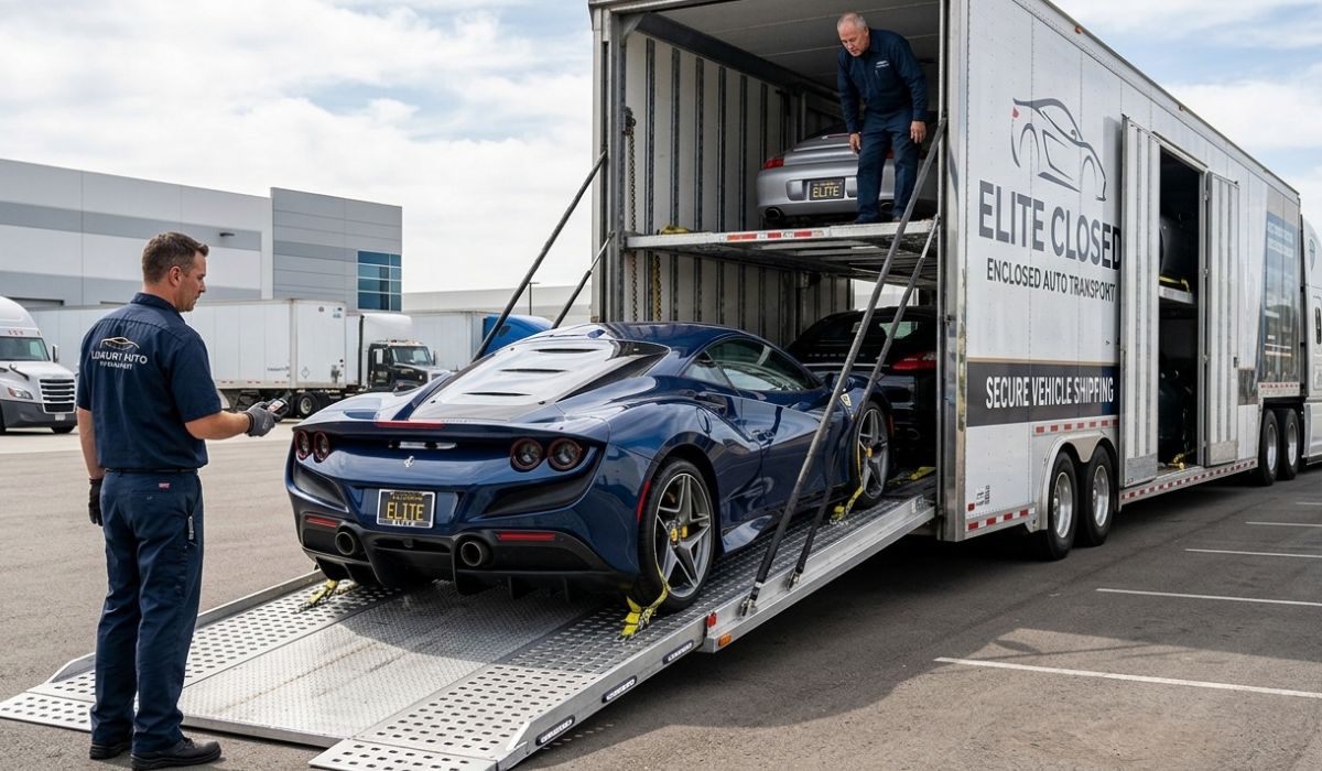 Enclosed car shipping trailer safely transporting luxury vehicles from Maryland to Texas route