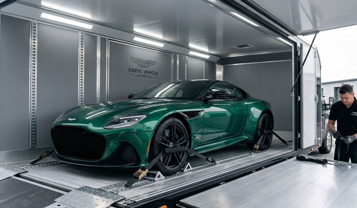 enclosed car transport Maryland trailer carrying luxury and classic cars protected from weather during long distance vehicle shipping