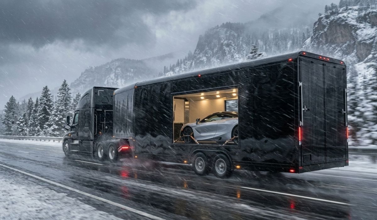 Enclosed car transport trailer securing luxury vehicle for safe Georgia to Colorado vehicle shipping and protection during transit