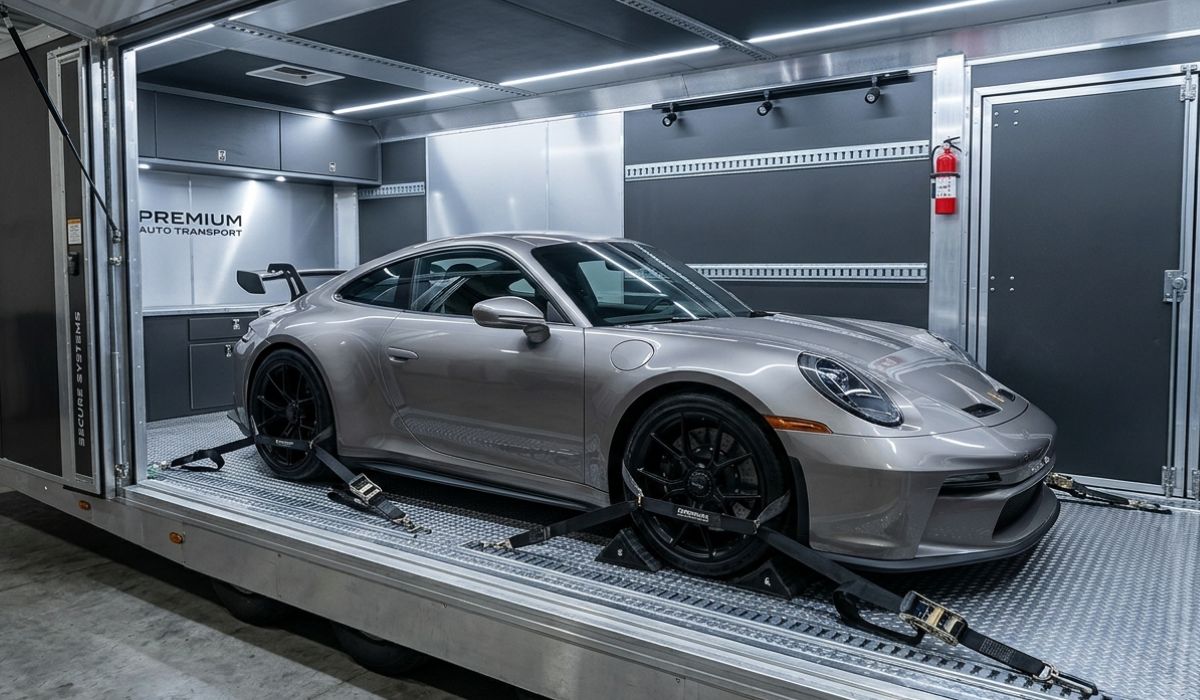 Enclosed Michigan car shipping truck protecting luxury vehicle during long distance interstate transport services USA