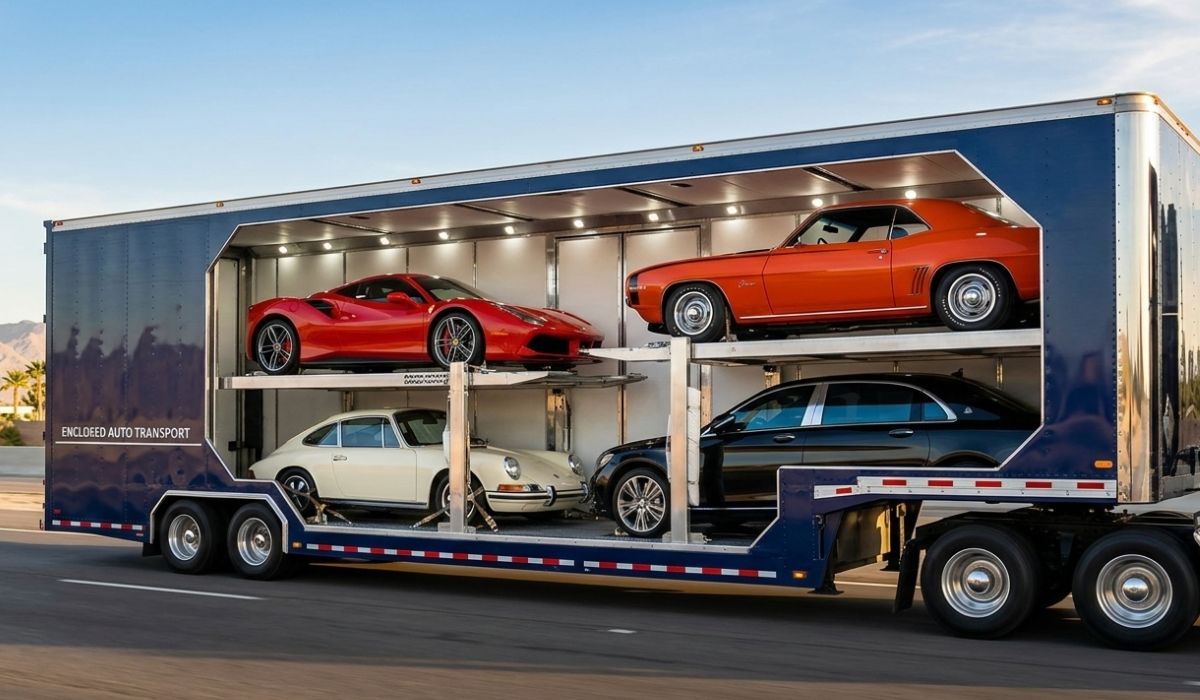 Enclosed Nebraska car transport trailer carrying luxury vehicle with full protection during long distance travel