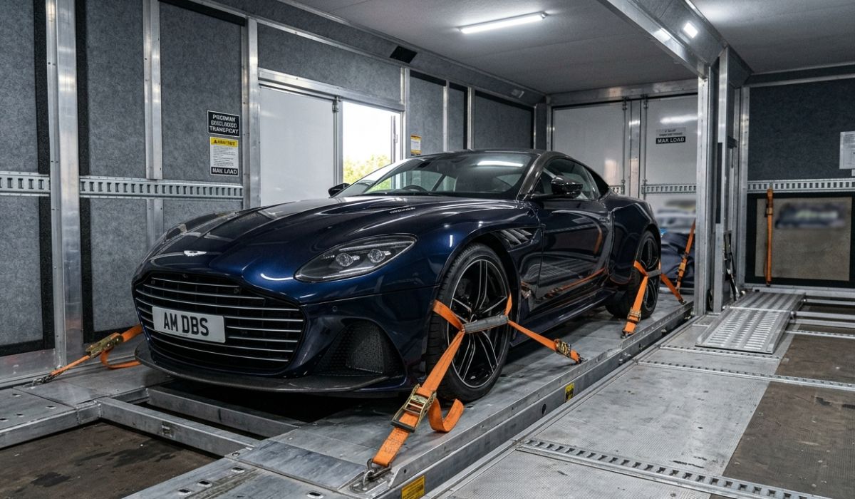 Enclosed transport truck protecting luxury cars during houston auto transport services journey