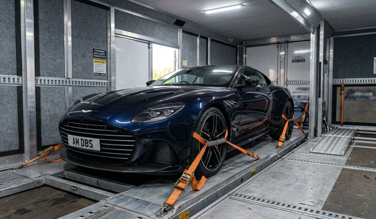 Enclosed Wisconsin car shipping trailer protecting luxury and classic cars during long distance transport in USA