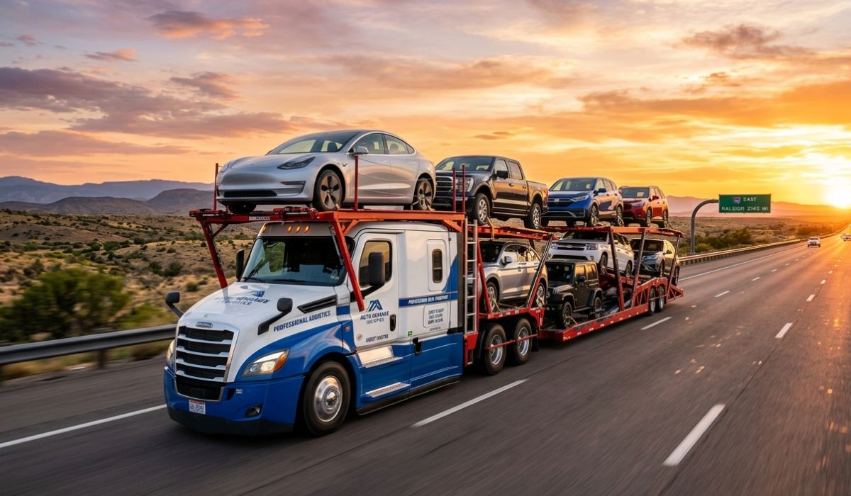 Interstate auto transport truck on highway showing Pittsburgh PA car shipping moving vehicles across USA routes