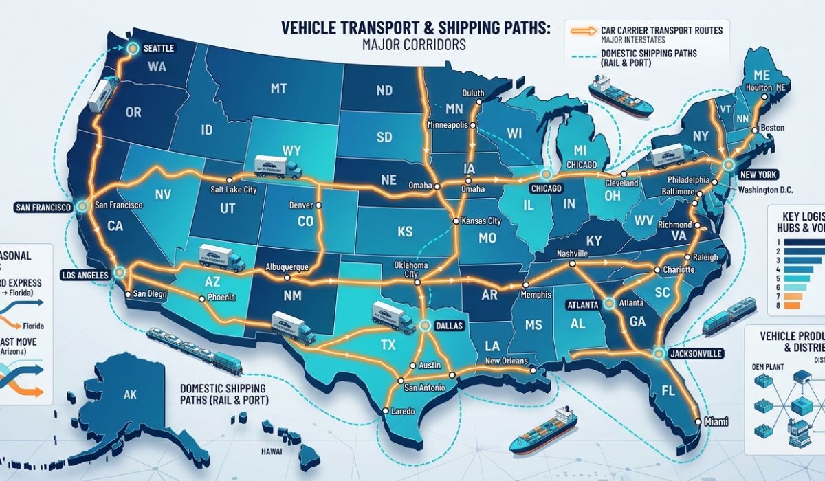 Long distance auto transport Orlando route map showing estimated delivery times across USA states