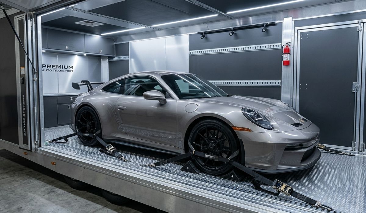 Luxury car secured inside enclosed carrier for safe North Carolina to New York vehicle transport