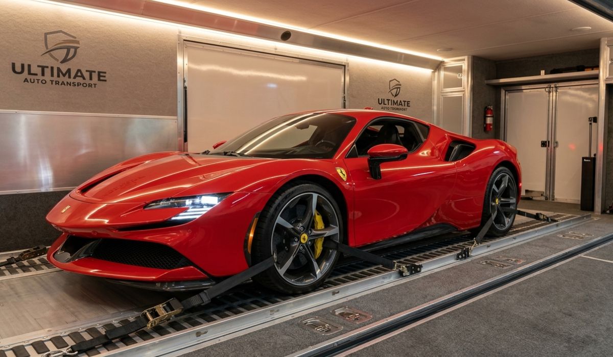 Luxury car secured inside enclosed trailer for safe shipping in Nevada