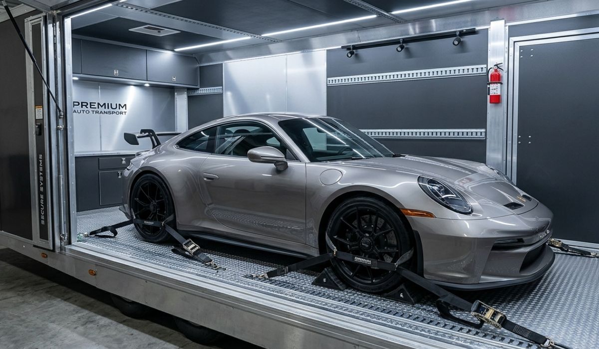 Luxury car secured inside enclosed trailer for safe Tennessee to California car shipping transport service