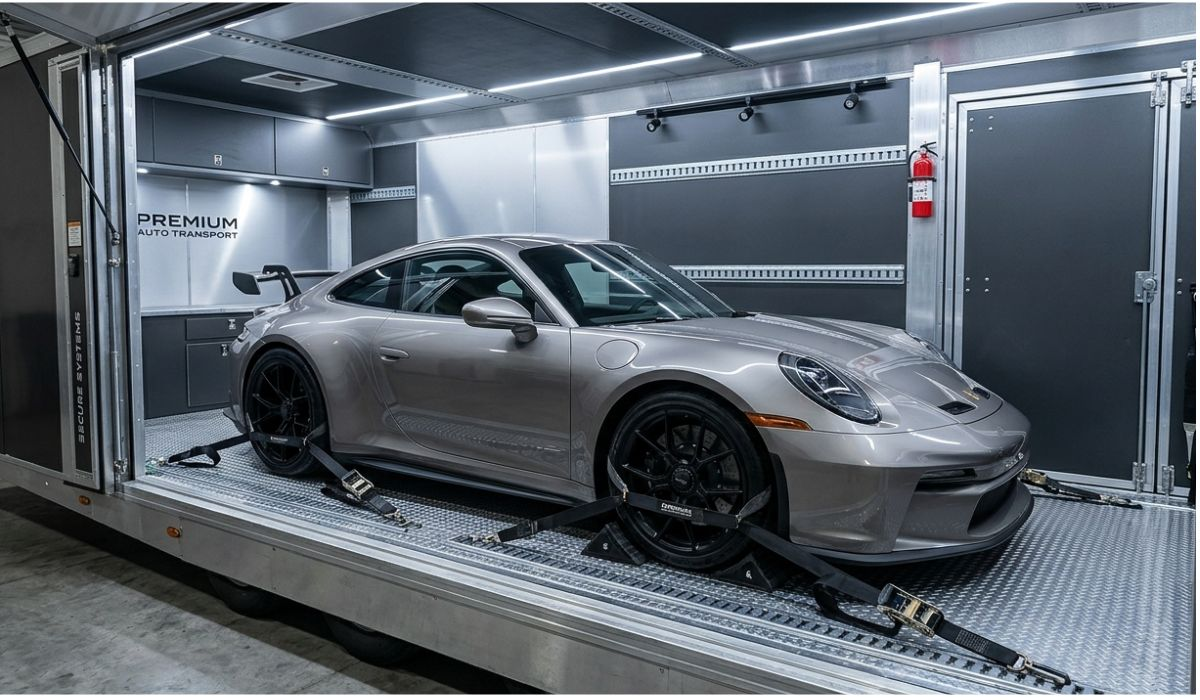 Luxury car secured inside enclosed trailer showing premium protection for New Orleans car shipping services.