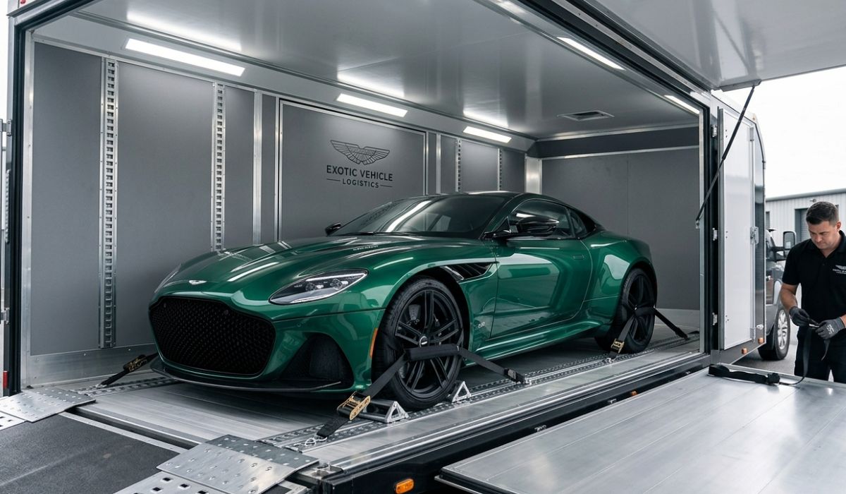 Luxury sports car inside enclosed auto transport trailer ensuring safe Portland vehicle shipping and maximum shipping protection