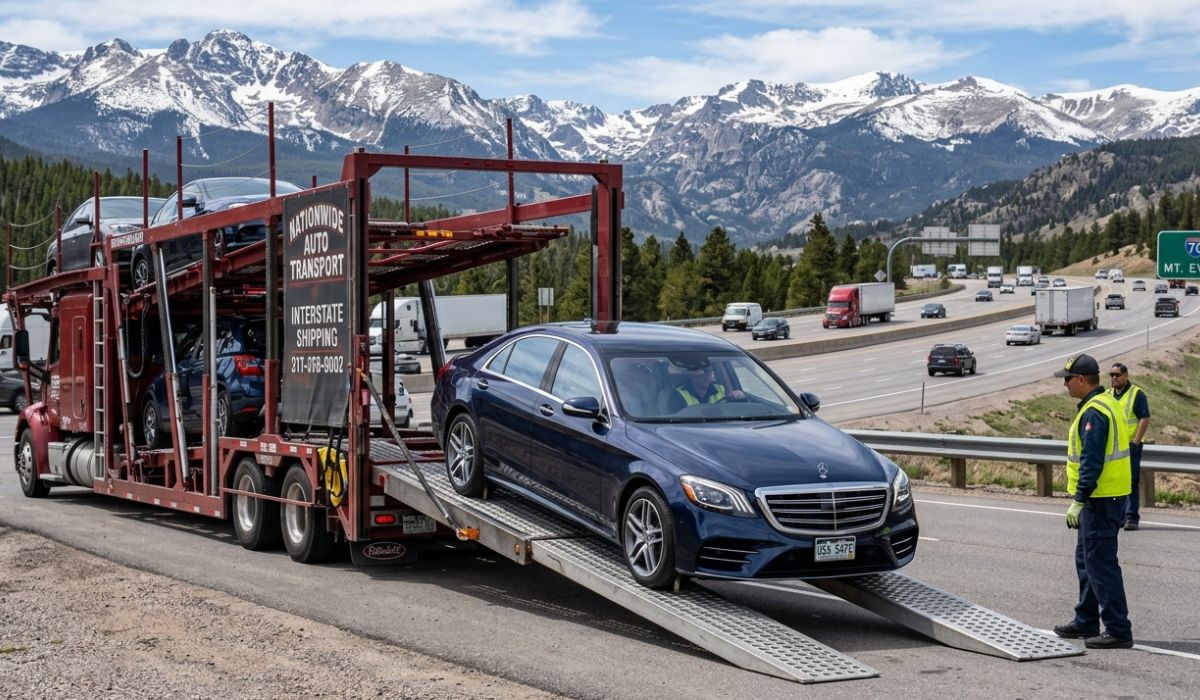 Missouri auto transport carrier truck moving cars safely on highway for long distance vehicle shipping services