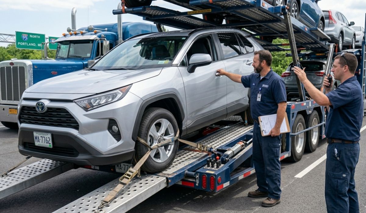 Multi-vehicle open transport trailer loading SUVs and sedans for North Carolina car shipping on a highway.