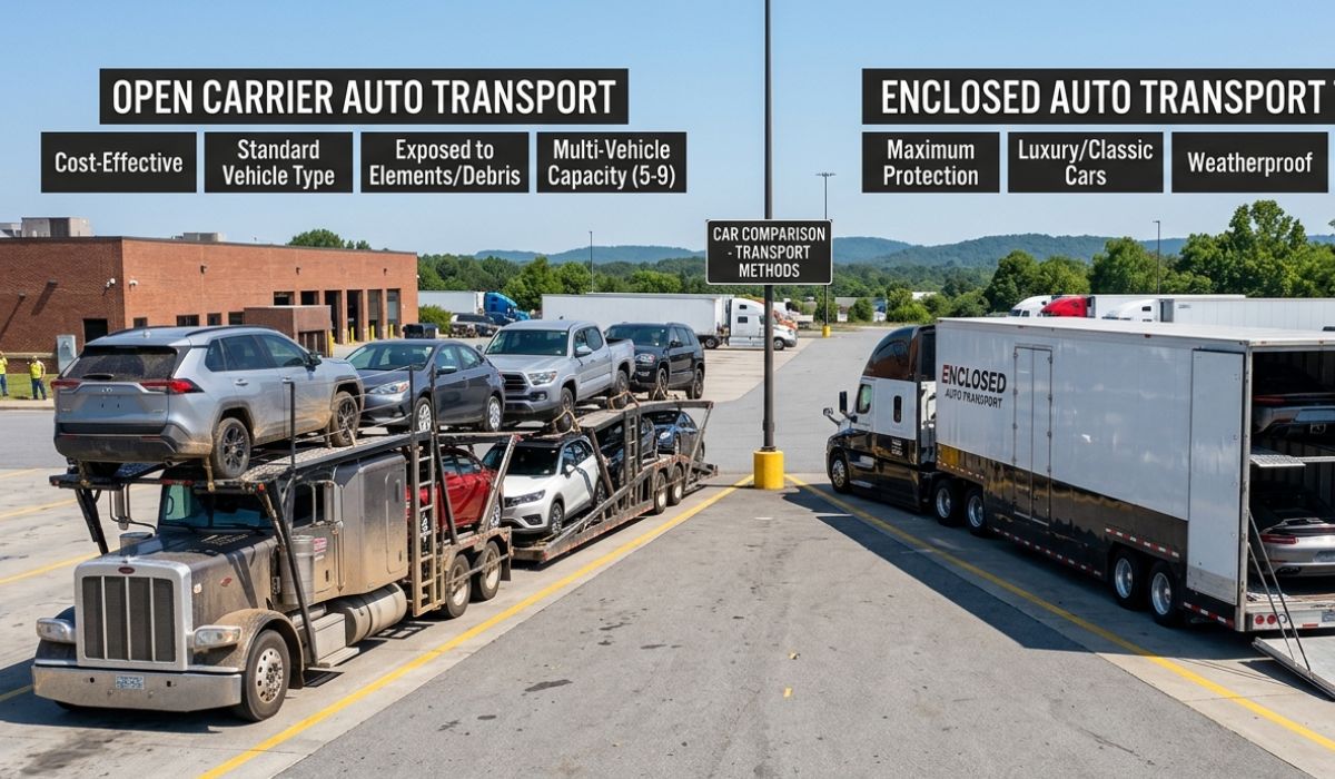 Open and enclosed car transport trucks used for Kentucky car shipping services across interstate routes in USA