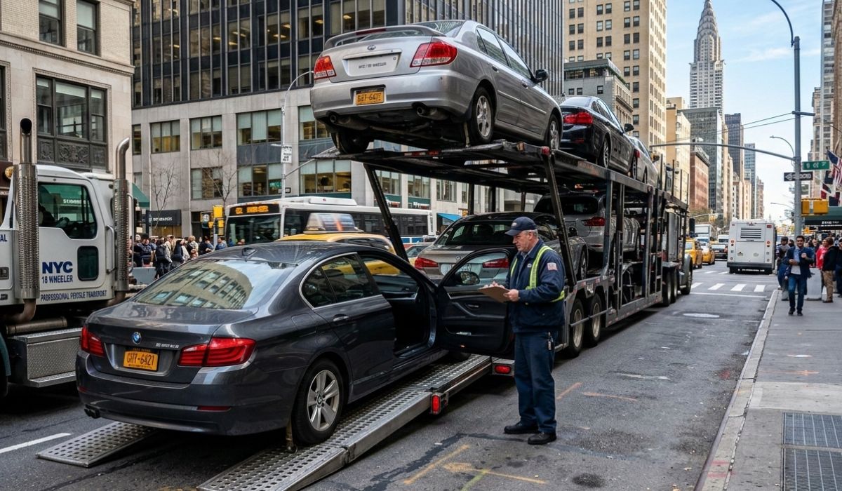 Open auto transport carrier loaded with multiple cars for Georgia to Colorado car shipping moving on interstate highway route