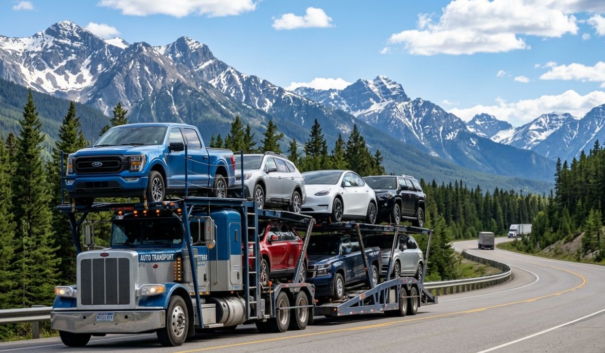 Open auto transport carrier loading cars for Florida to Pennsylvania car shipping service on highway route