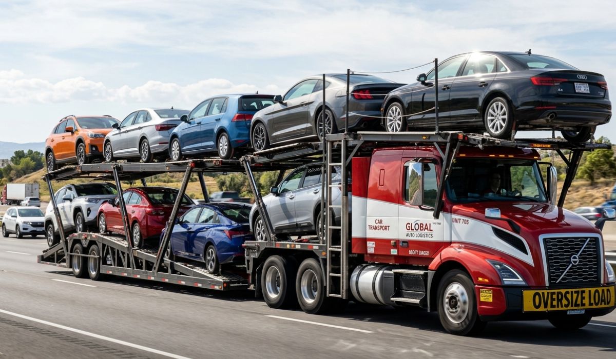 Open auto transport trailer driving on highway carrying multiple vehicles from North Carolina to New York