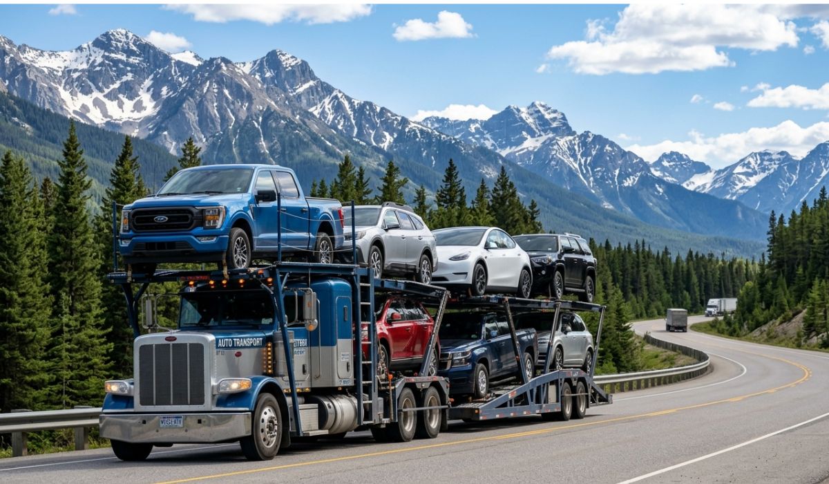 Open auto transport truck carrying multiple vehicles for affordable New Orleans car shipping across interstate routes.
