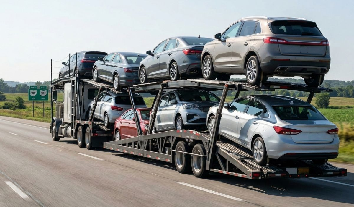 Open auto transport truck carrying sedans and SUVs for Wisconsin to Florida car shipping across interstate highway.