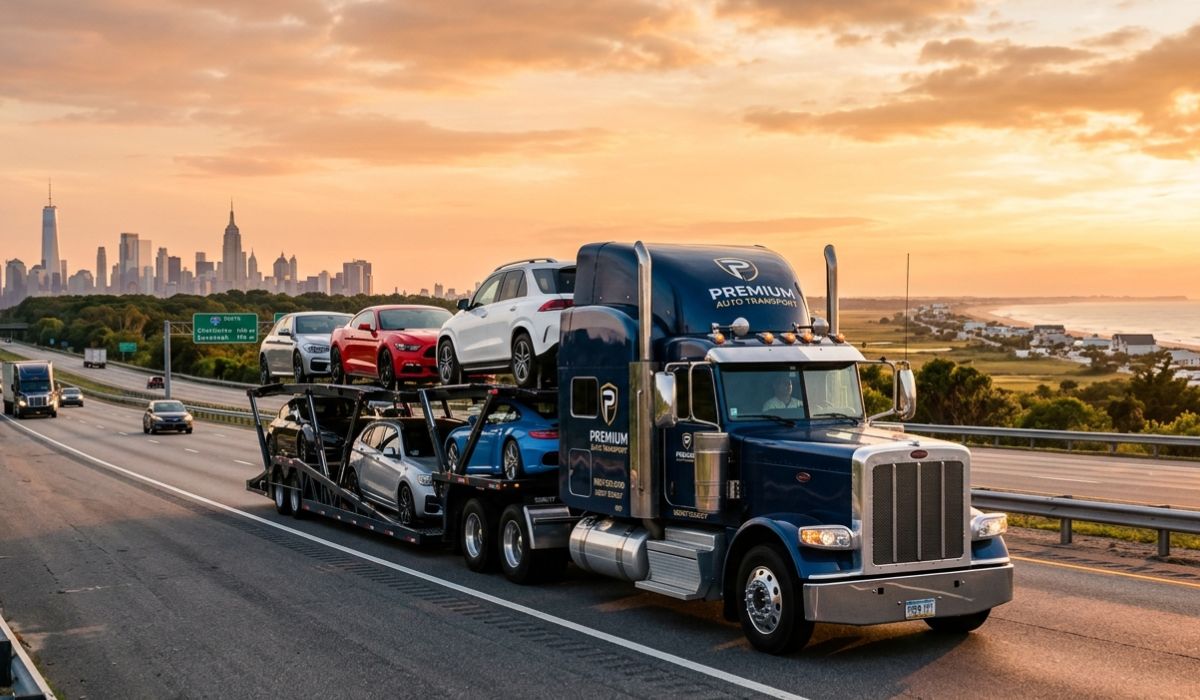 Open auto transport truck loaded with sedans driving through Nevada road landscape