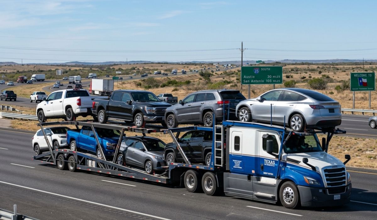 Open auto transport truck used for Texas to Florida car shipping on interstate highway
