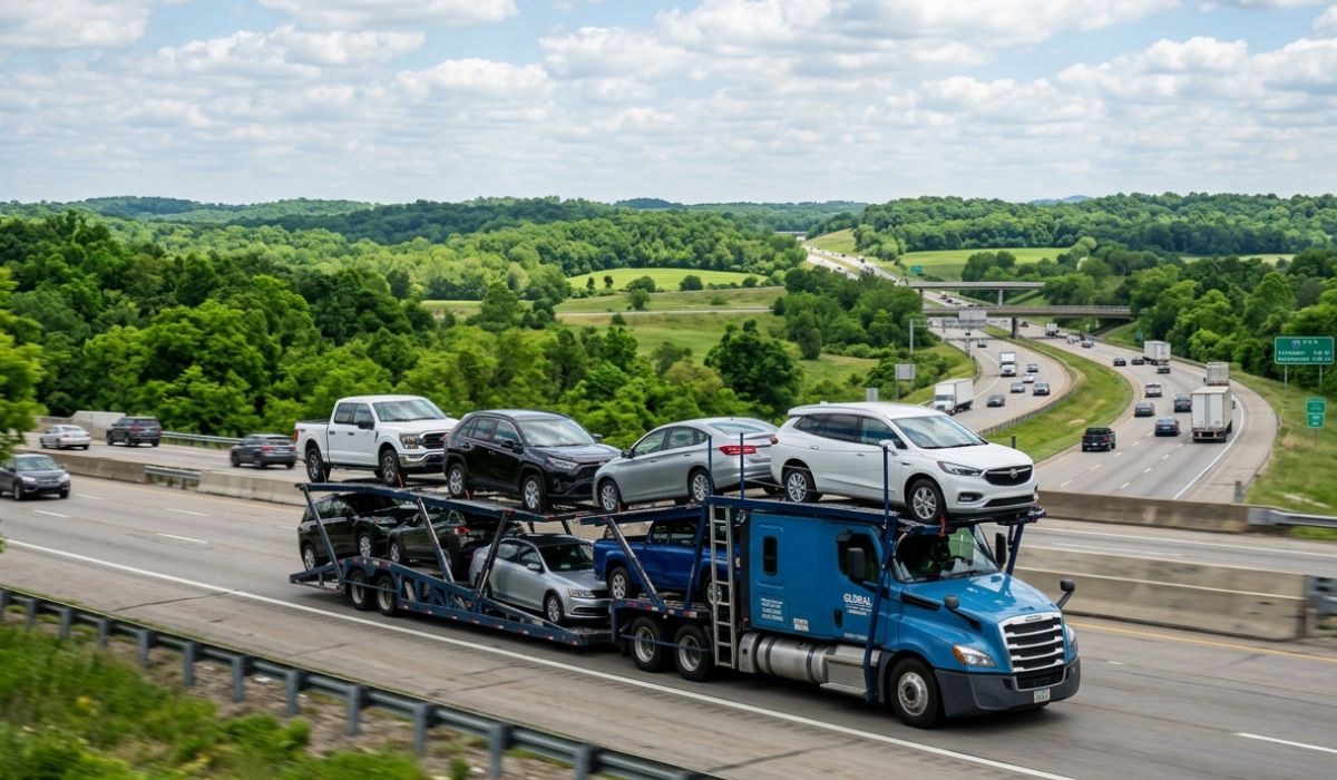 Open car carrier loading vehicles for houston car shipping services across Texas highways