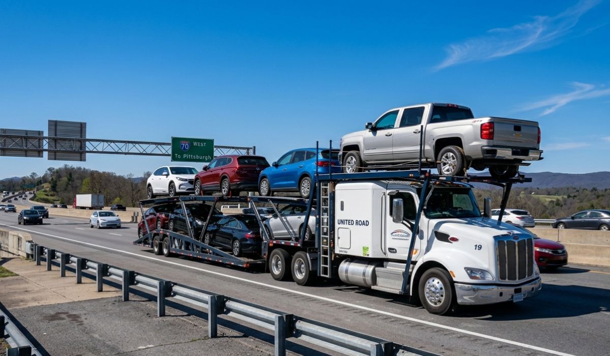 Open car carrier transporting multiple vehicles for Oregon to California auto transport route