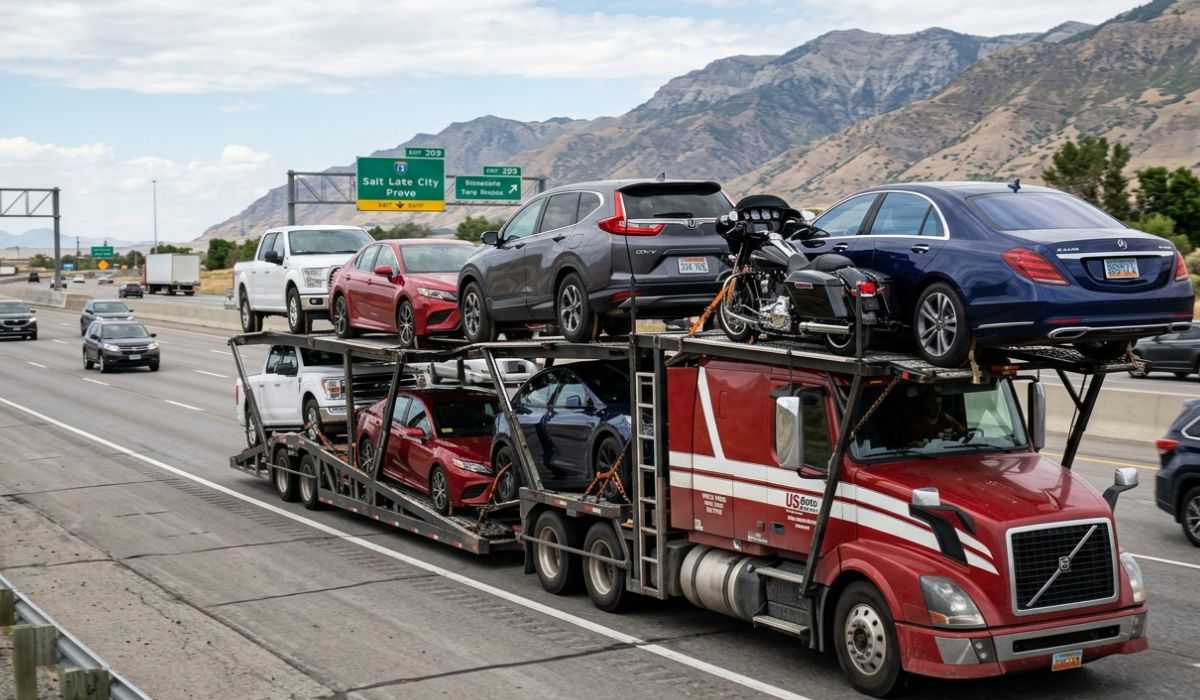 Open car carrier truck driving on highway with multiple vehicles from Fort Lauderdale shipping route