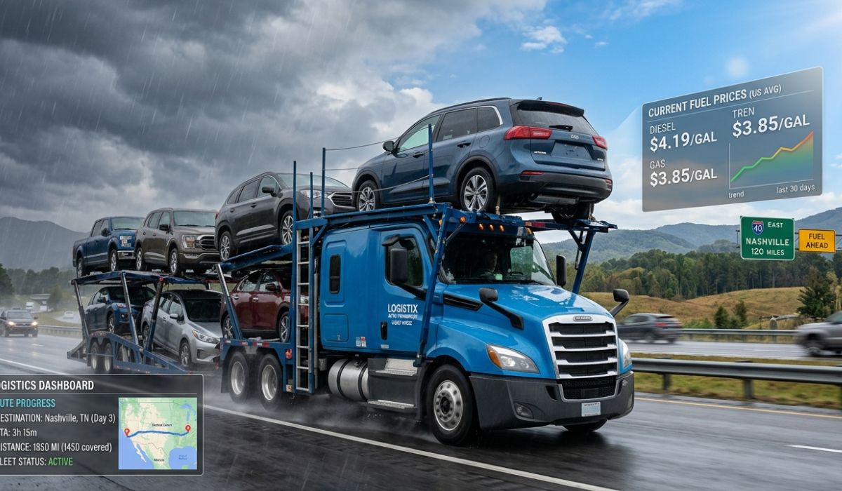 Open car transport Boca Raton Florida with multiple vehicles loaded on an open trailer moving through interstate highway for nationwide shipping
