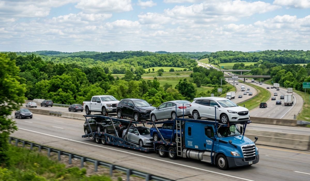Open car transport Colorado showing multiple vehicles loaded on a carrier for affordable and reliable auto shipping USA.