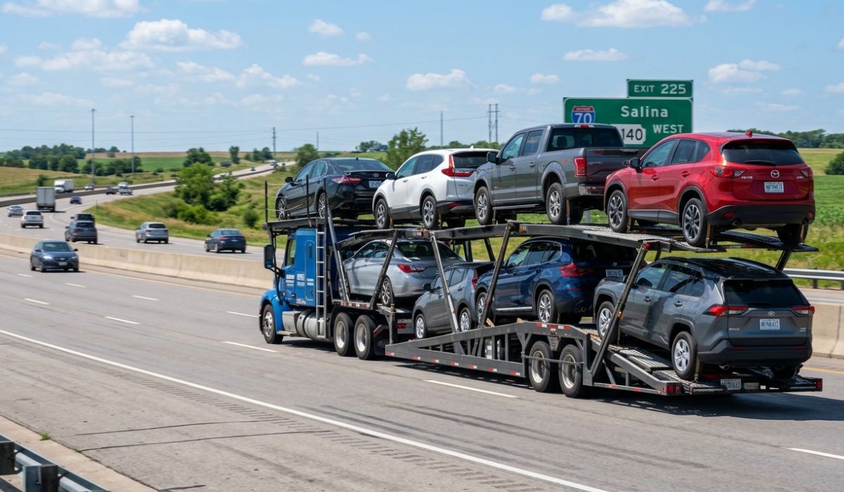 Open car transport Missouri carrier loaded with multiple cars traveling through interstate highway system
