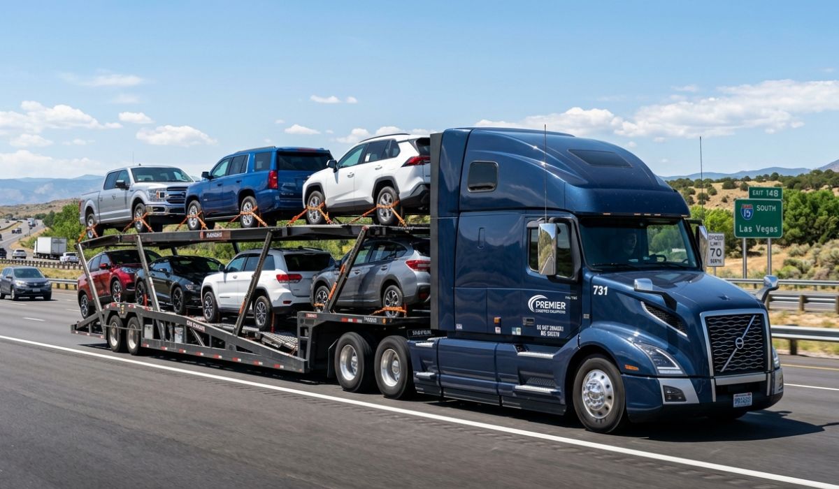 Car shipping from Michigan to Texas showing open carrier auto transport truck loaded with vehicles on interstate highway