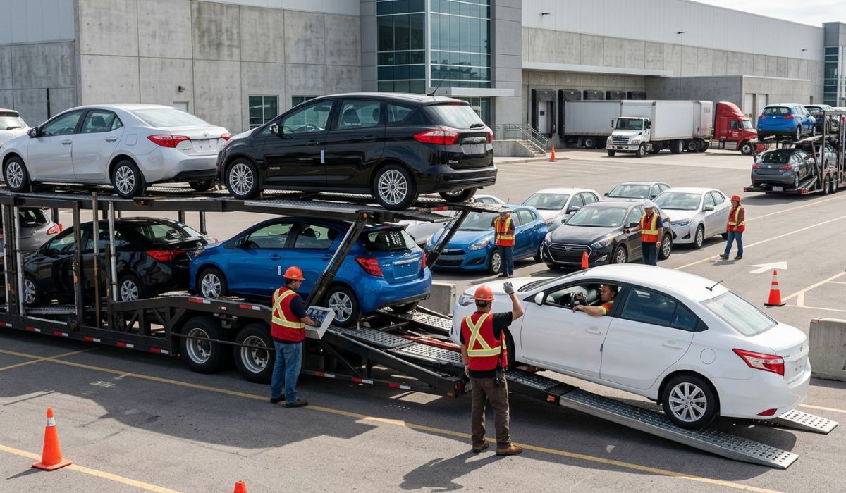 Open car transport trailer carrying multiple vehicles showing affordable Portland auto transport and nationwide vehicle shipping network