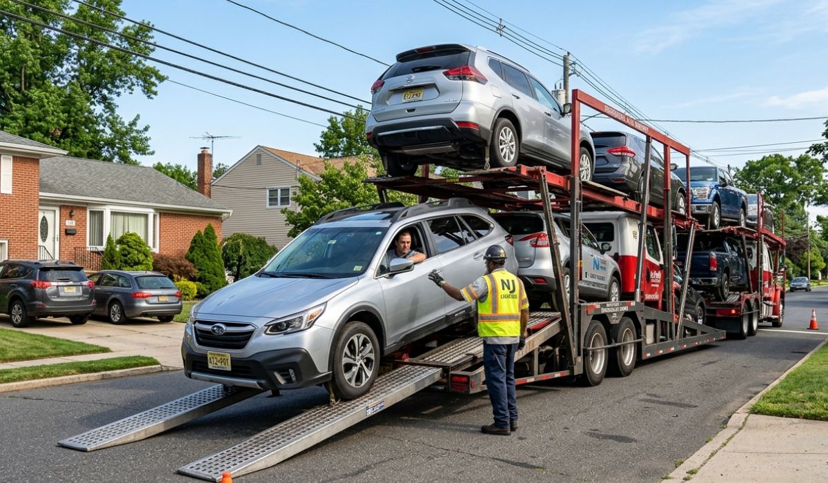 Open car transport truck carrying multiple vehicles through San Jose CA highway for affordable shipping service