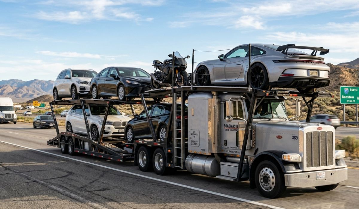 Open carrier Indiana to Florida car shipping loaded with multiple cars traveling on long distance highway
