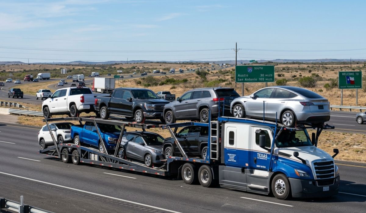 Open carrier new york to illinois car shipping truck loaded with multiple vehicles traveling on interstate highway