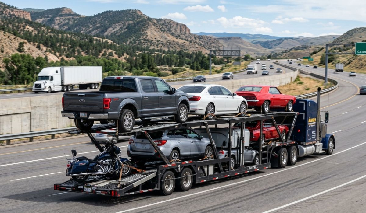Open carrier Santa Cruz car shipping truck carrying multiple vehicles on highway for interstate car transport USA.