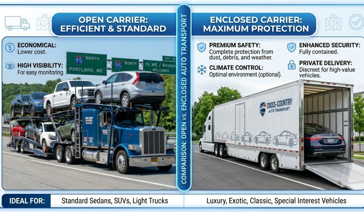 Open carrier transport and enclosed auto transport trailers used for Detroit Car Shipping