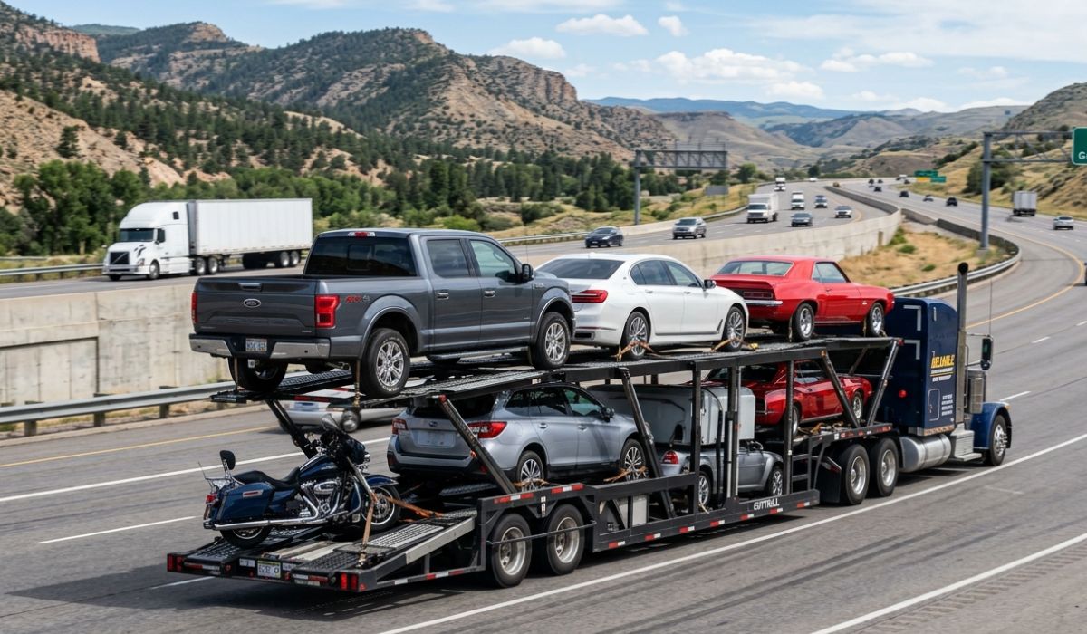 Open carrier truck transporting multiple cars in Florida to Michigan car shipping route across interstate highways