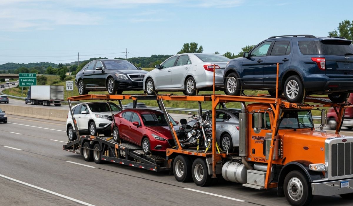 Open auto transport truck carrying multiple vehicles traveling on interstate route for Illinois to New York car shipping service.