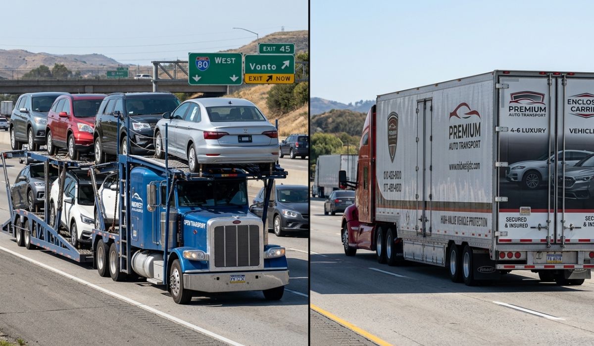 Open vs enclosed car transport San Diego CA comparison showing covered carrier for luxury cars and open trailer for affordable vehicle shipping