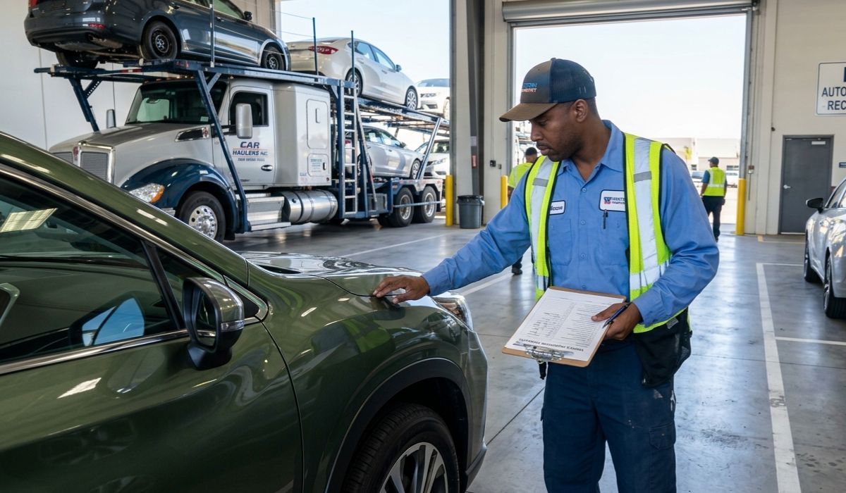 Port workers inspecting cars before ocean freight shipment from Alaska to the US mainland