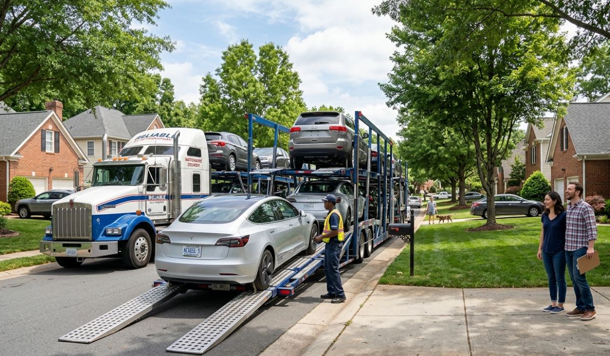 Professional auto transport Colorado carrier truck delivering a vehicle safely with tracking and door-to-door vehicle delivery service.