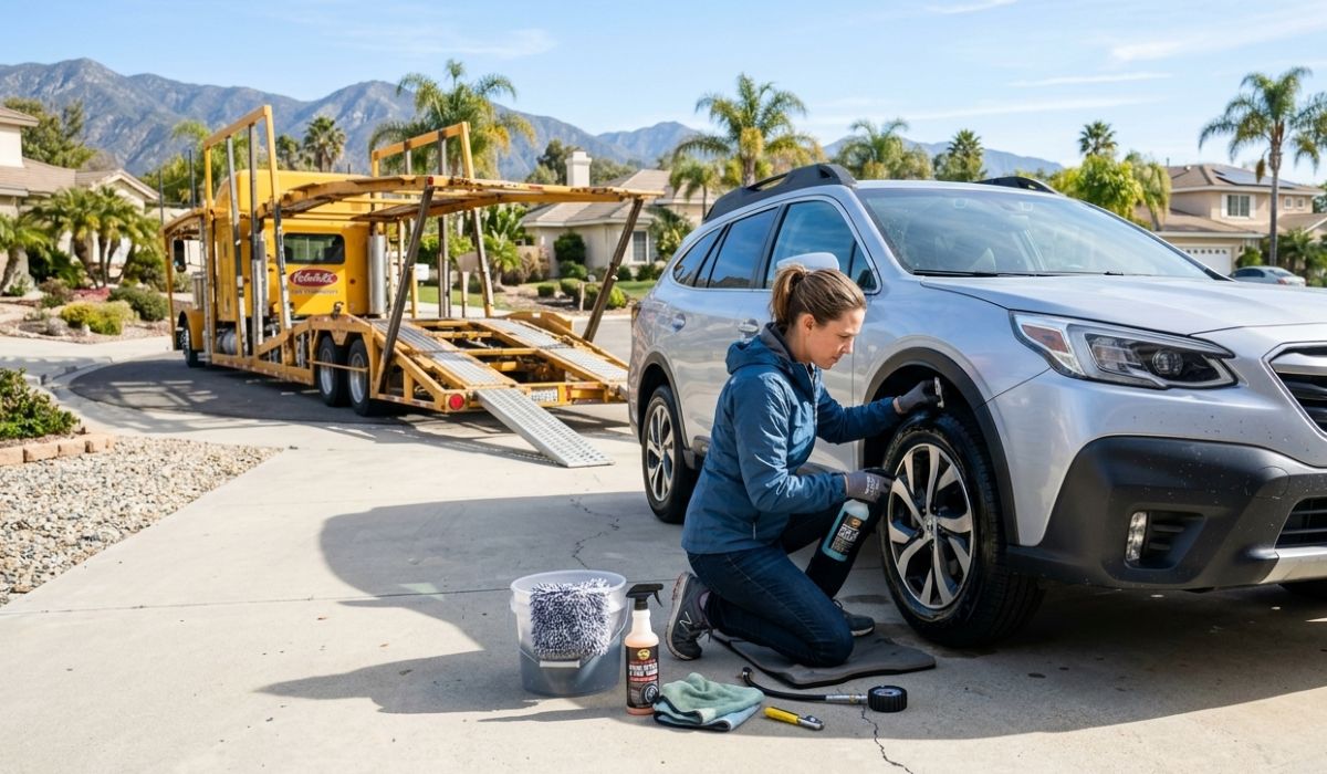 Professional auto transport driver inspecting vehicle before shipping from Maryland to Texas