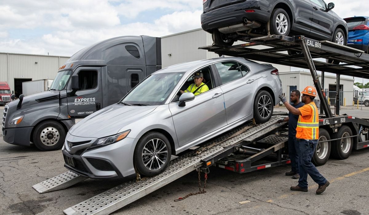 Professional car carrier truck loading multiple vehicles for Florida to North Carolina car shipping with secure handling and safety checks during transport.